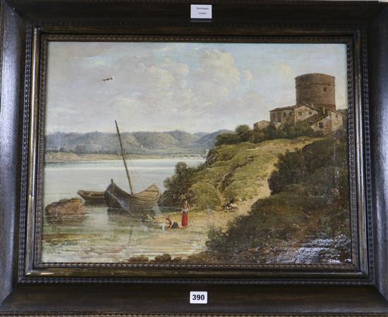 19th century English School, oil on canvas, River landscape with a martello tower, 42 x 56cm